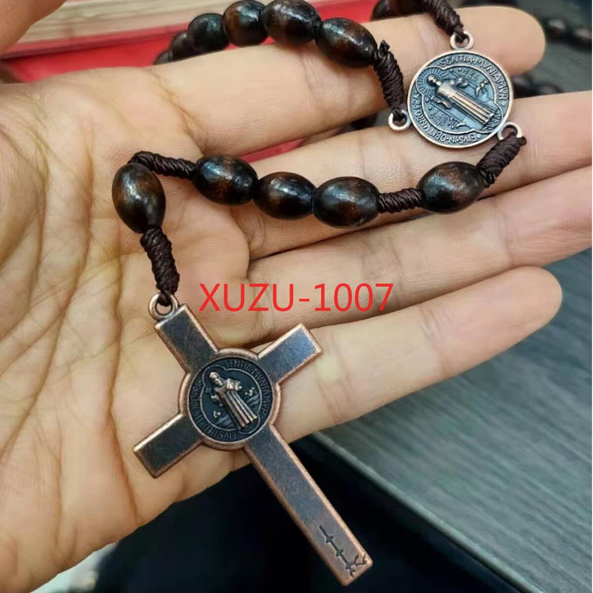 Saint St Benedict Wood Beads Rosary Prayer Crucifix Cross Jerusalem Deep Brown 3