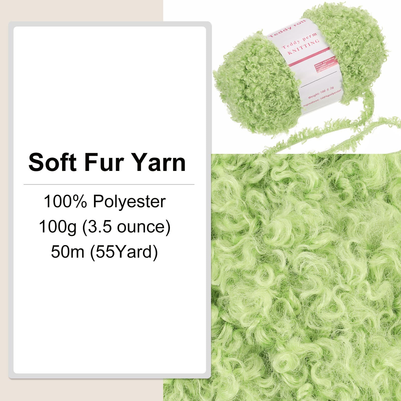 Fur Yarn Polyester Yarn Fluffy Chunky Yarn Green for Crocheting,50m 3