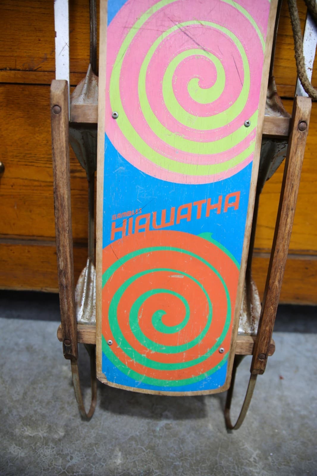 Vintage Snow Sled Gambles Hiawatha Cosmic Spiral Wood Ride On Toy Hippy 70s RARE 5