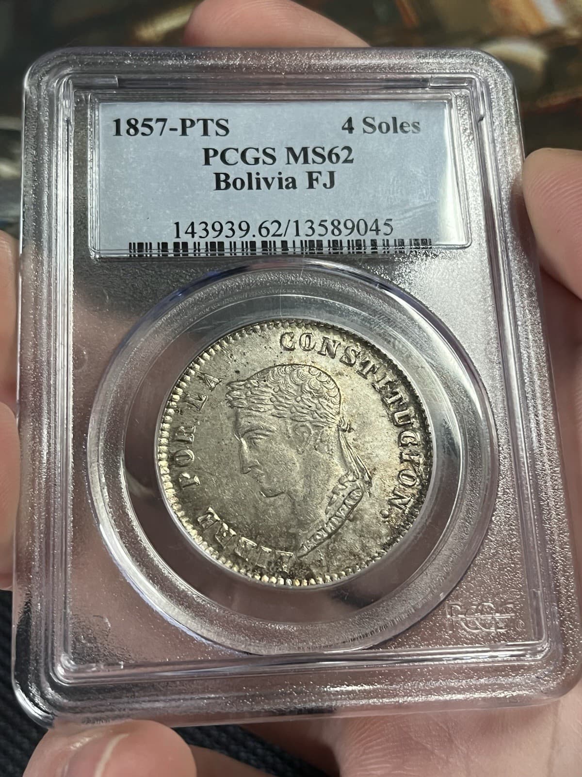 1857 PTS Bolivia 4 Soles PCGS MS62 3
