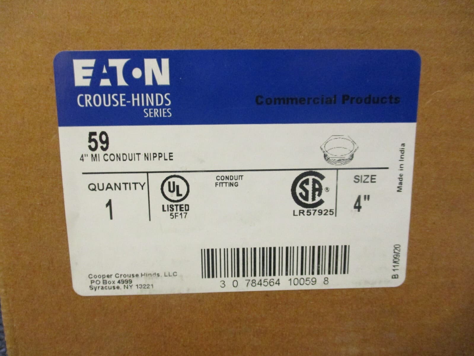 CROUSE HINDS 59  MALLEABLE IRON 4" CONDUIT CHASE NIPPLE 2