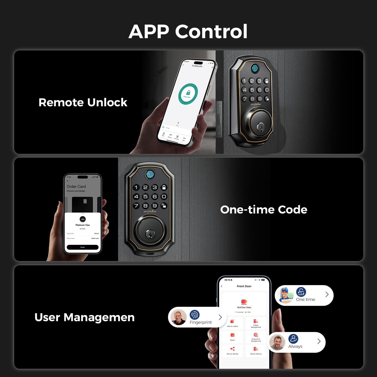 ARPHA Fingerprint Door Lock Biometric Smart Lock APP Bluetooth Keyless Deadbolt 4