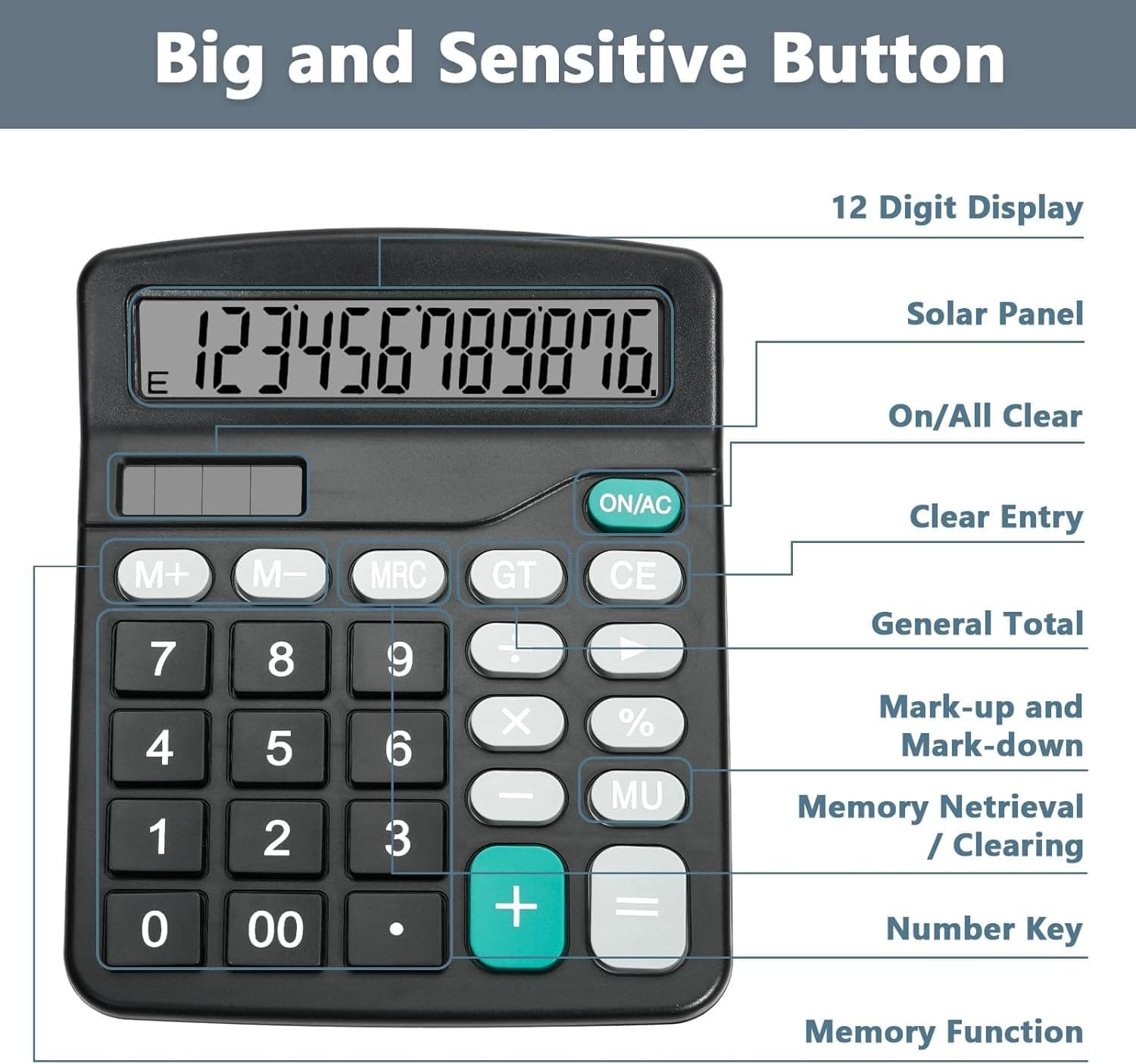Desktop Calculator with Big Buttons, Dual Power Source, Solar and Black  6