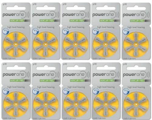 Power One Hearing Aid Batteries Yellow Size 10 Pack of 6 (60 Batteries) Exp 2028 2