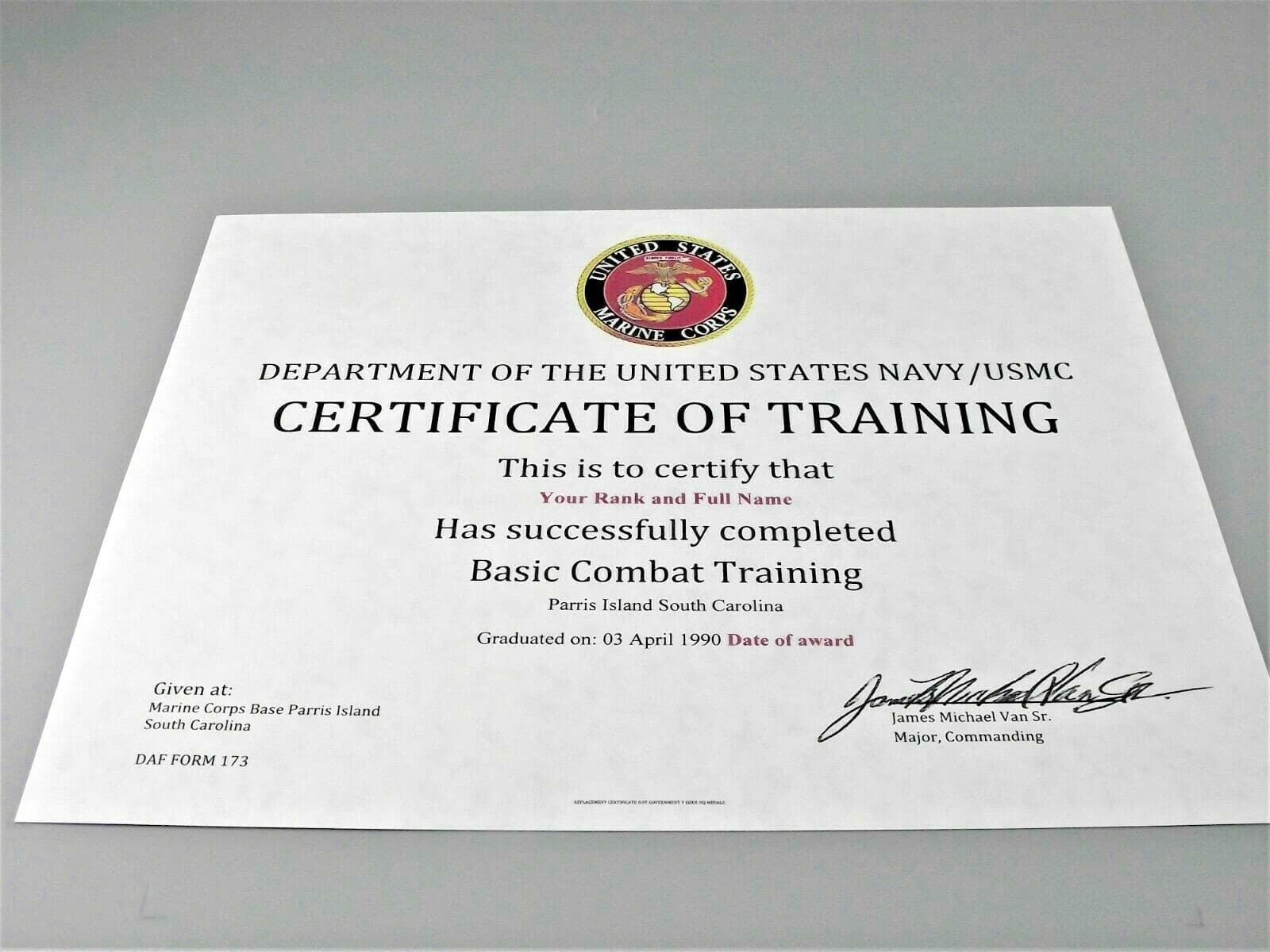 United States Marine Corps Basic Training (Bootcamp) Replacement Certificate