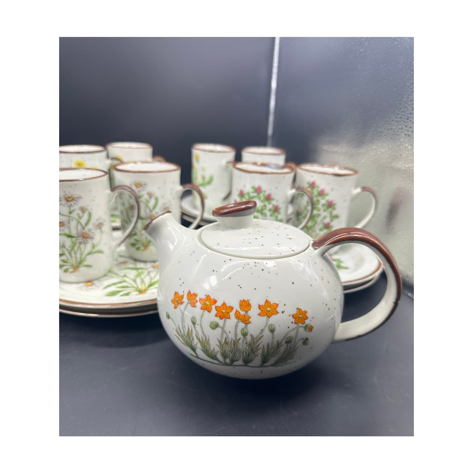 Otagiri Spring TEA PARTY Set 8 Cups 8 Dessert Plates and Teapot EUC Vintage MCM 2