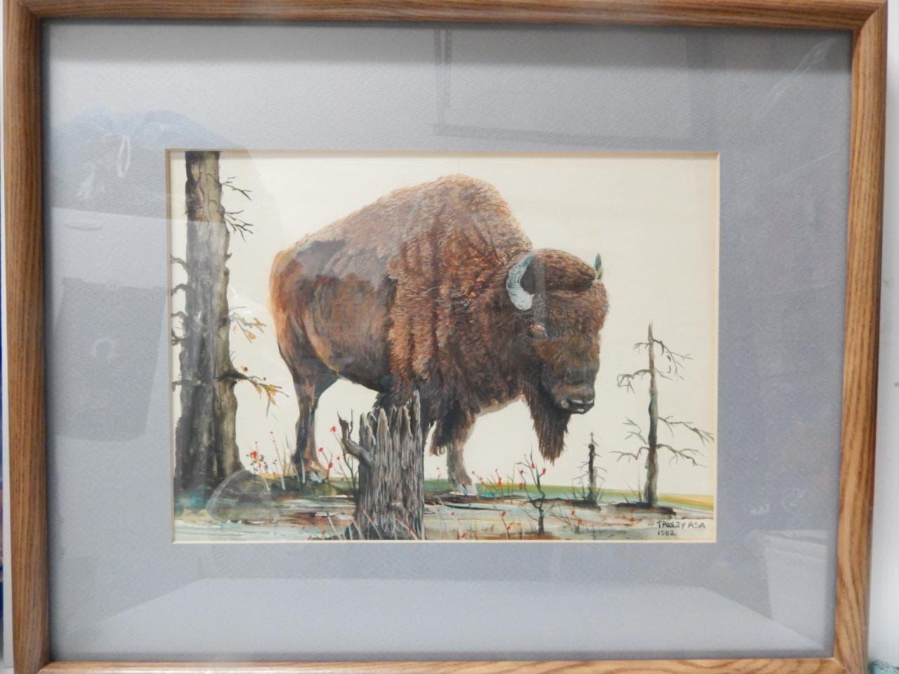 T. POOLEY ASA SIGNED BISON BUFFALO WESTERN INDIAN DSGN WATER COLOR PAINTING 2