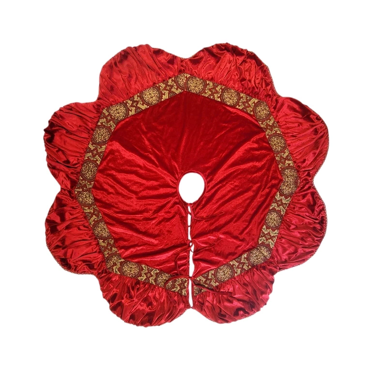 JC Penney Home Tree Skirt Red Gold Christmas Velvet Scalloped Beaded Luxury Vtg