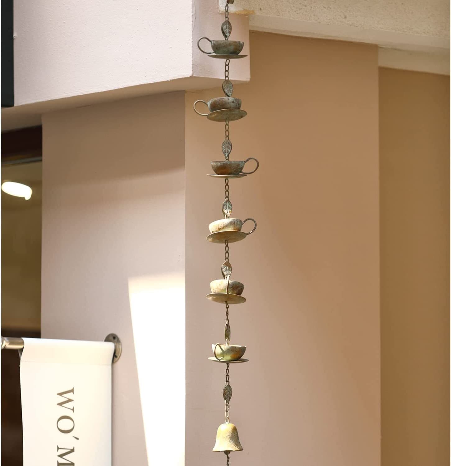 Teapot & Cups Rain Chain w/ Bell Chime Antique Patina Outdoor Garden Lawn Decor 2