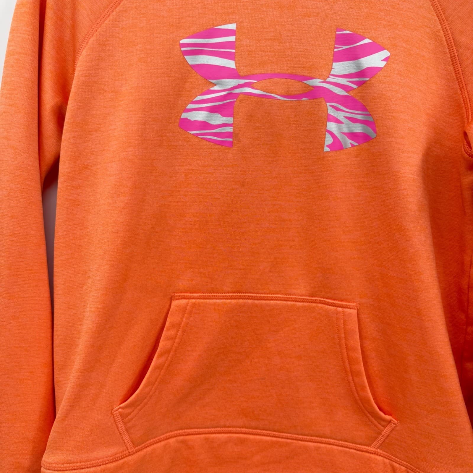 Under Armour Storm Hoodie YLG Youth Girls Orange Pink Pullover Thumb Holes 2