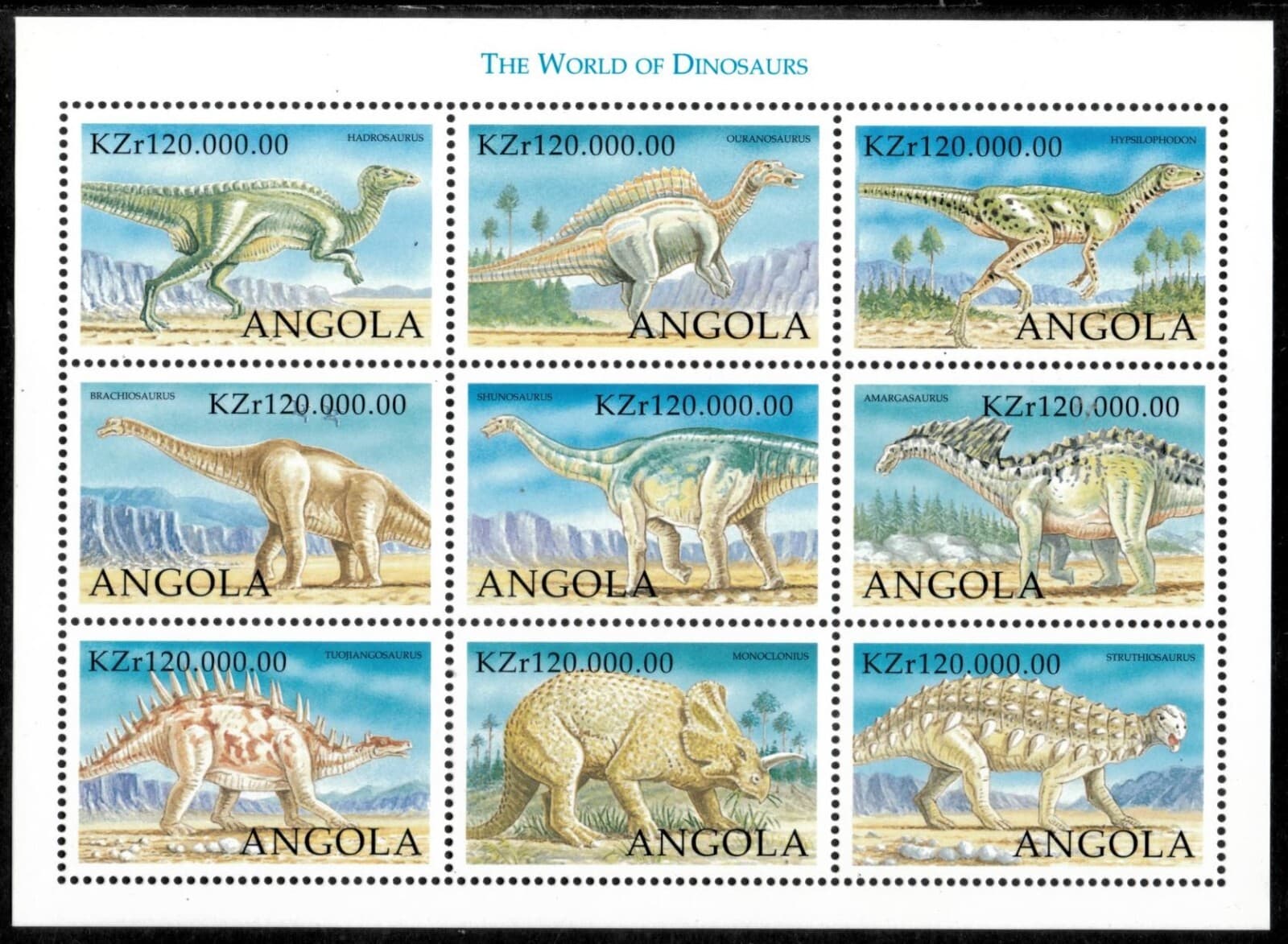 Angola 1998 - Dinosaurs - Sheet of 9 Stamps - Scott #1055 - MNH