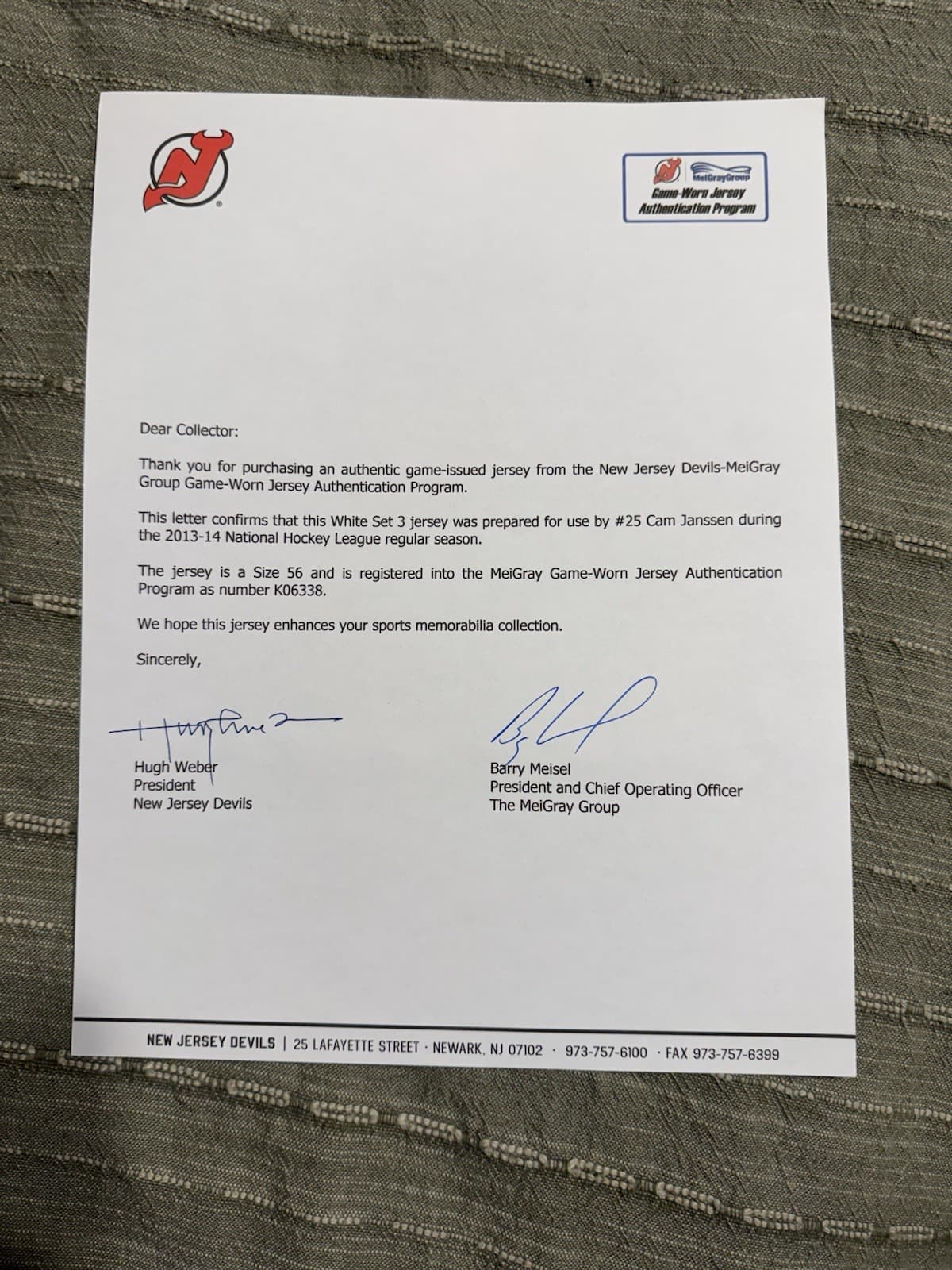 2013-14 Cam Janssen New Jersey Devils Game Issued Reebok Hockey Jersey! MeiGray 5