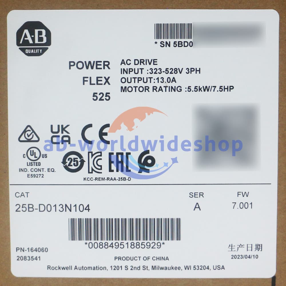 100% New Sealed 25B-D013N104 PowerFlex 525 AC Drive 5.5kW 7.5Hp 3 Phase 3