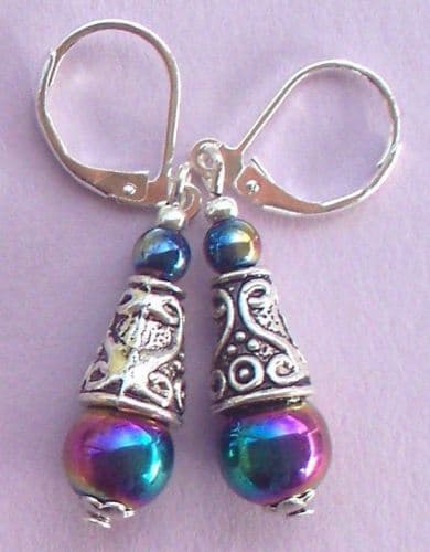 RAINBOW HEMATITE Bali cone earring SP LEVERBACK handcrafted XX 4