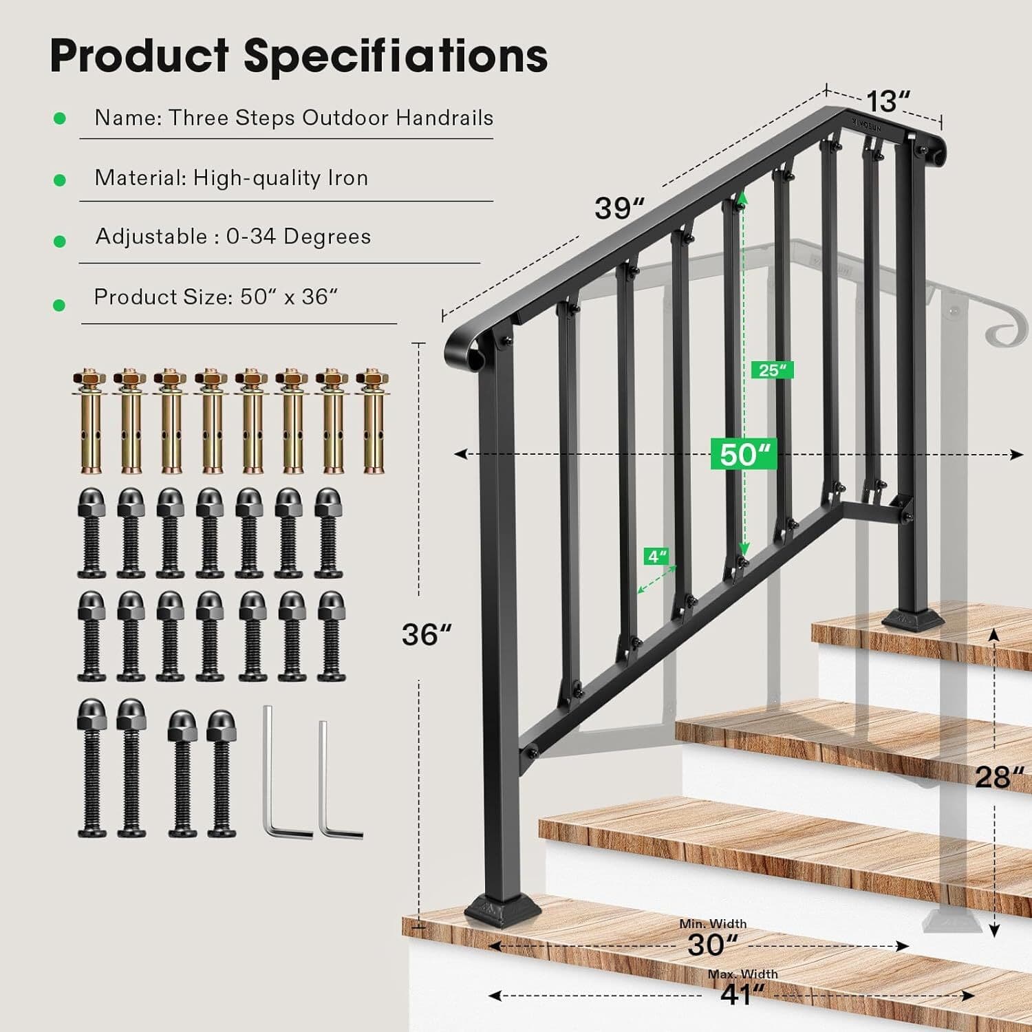 VIVOSUN 2/3/4/5 Steps Wrought Iron Handrail Stair Railing Adjustable Height 2