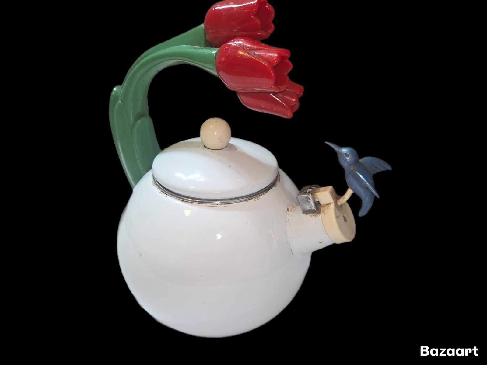 VINTAGE 1990S VIA ANCONA HUMMINGBIRD AND TULIPS ENAMEL WHISTLING TEA KETTLE