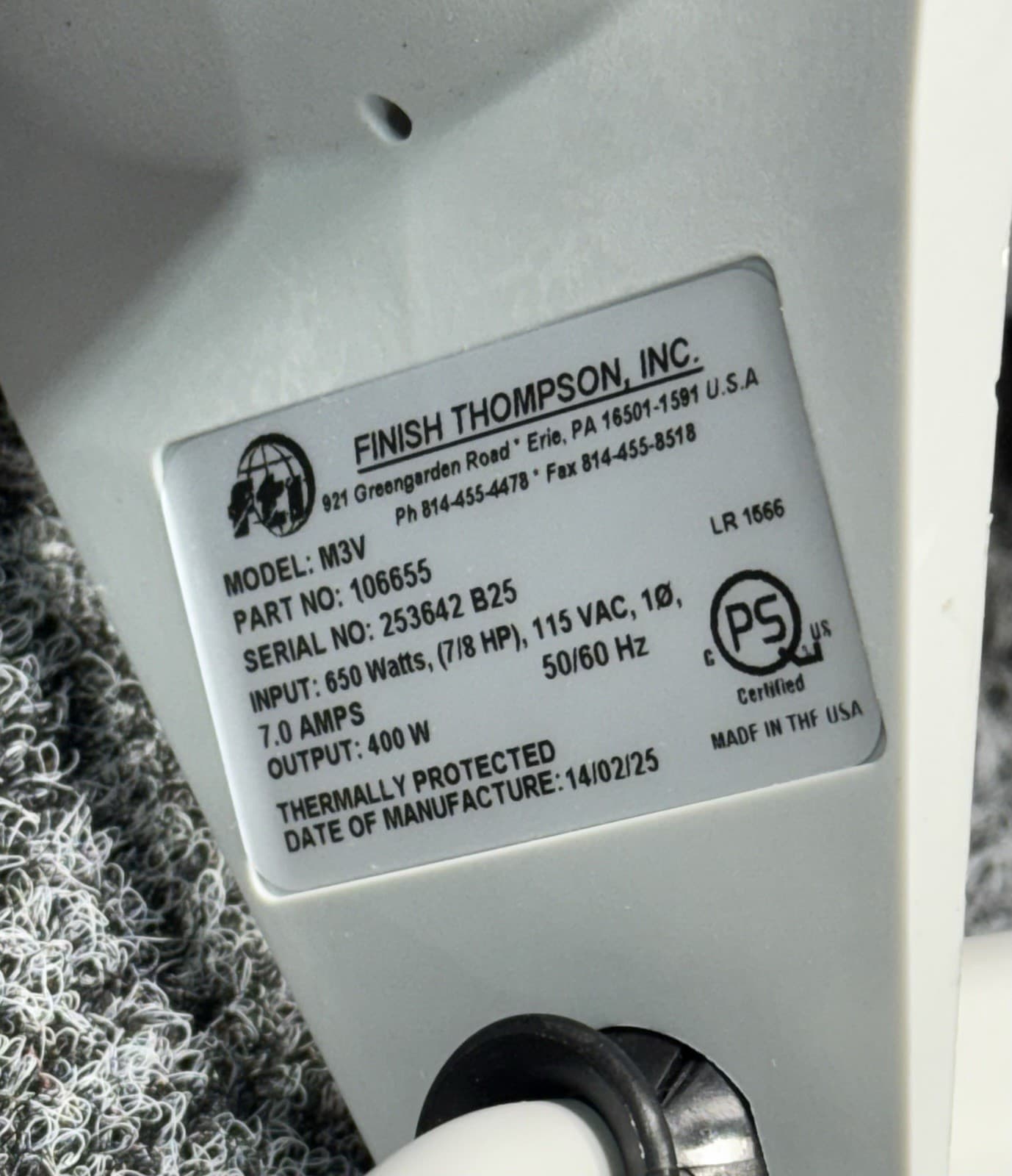 Finish Thompson M3V-115V Drum Pump Motor 7/8 hp 106655 6