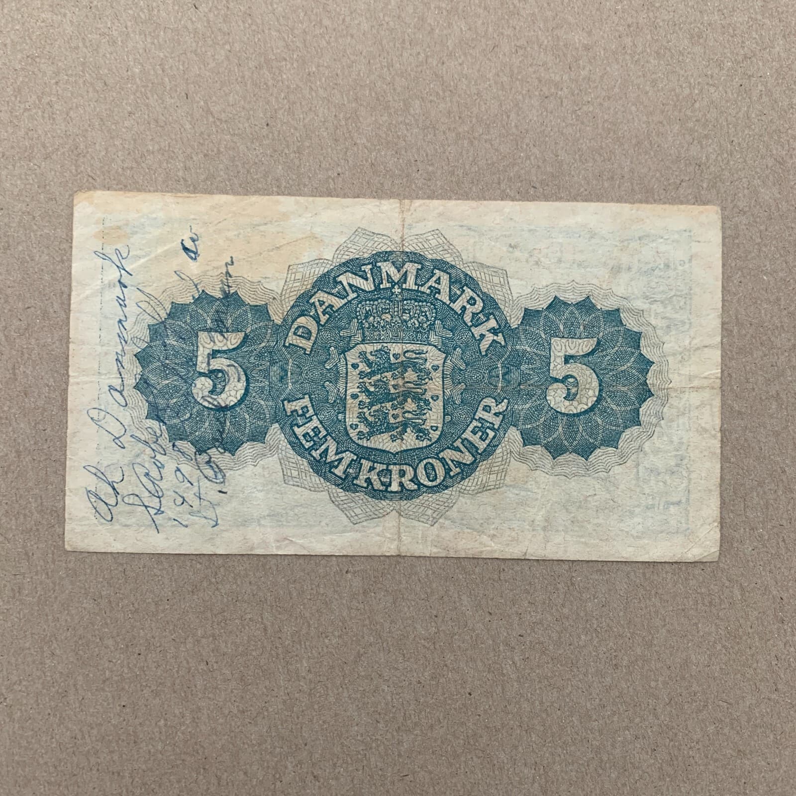 1948 DENMARK 5 Kroner  Banknote P35e Danish Currency Paper Mooney Post WWII WW2 2