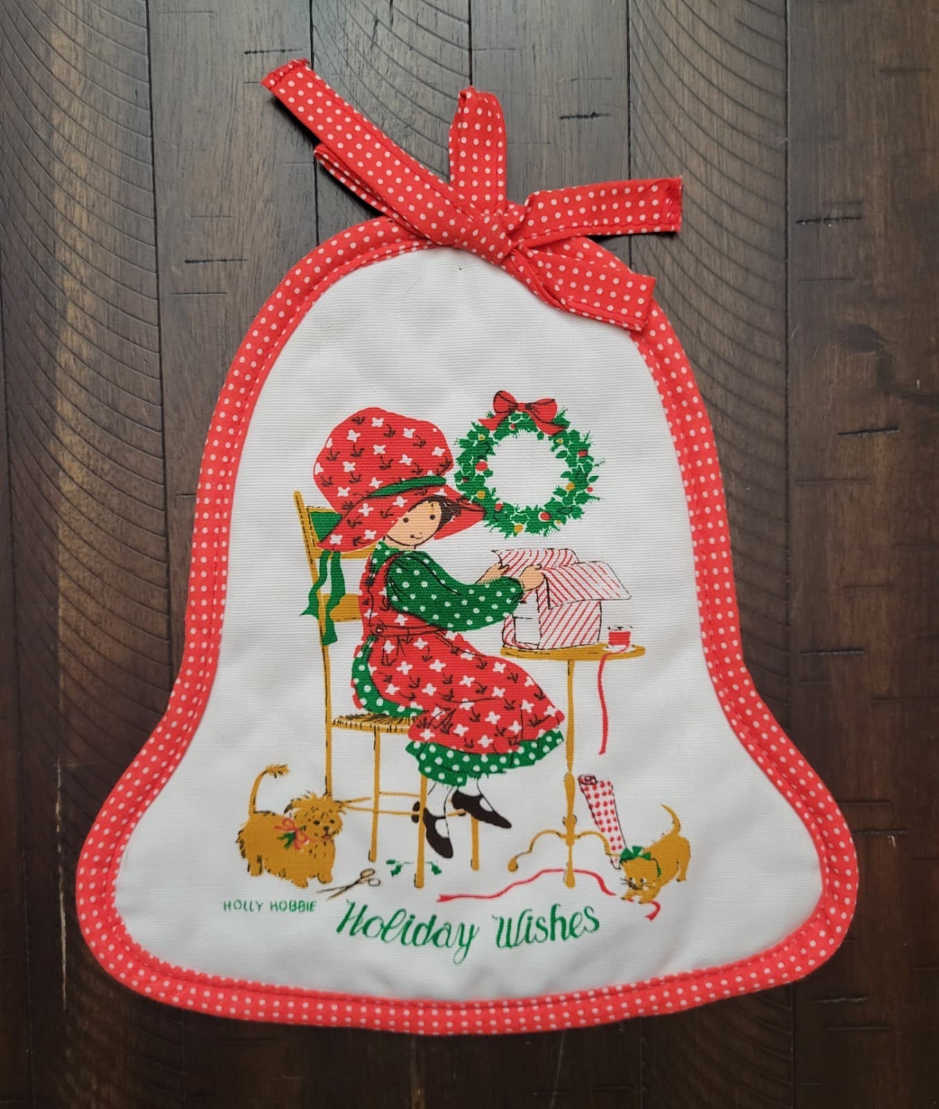 Vintage Holly Hobbie Christmas Potholder/Hotpad w Red & White Polka Dot Trim 2