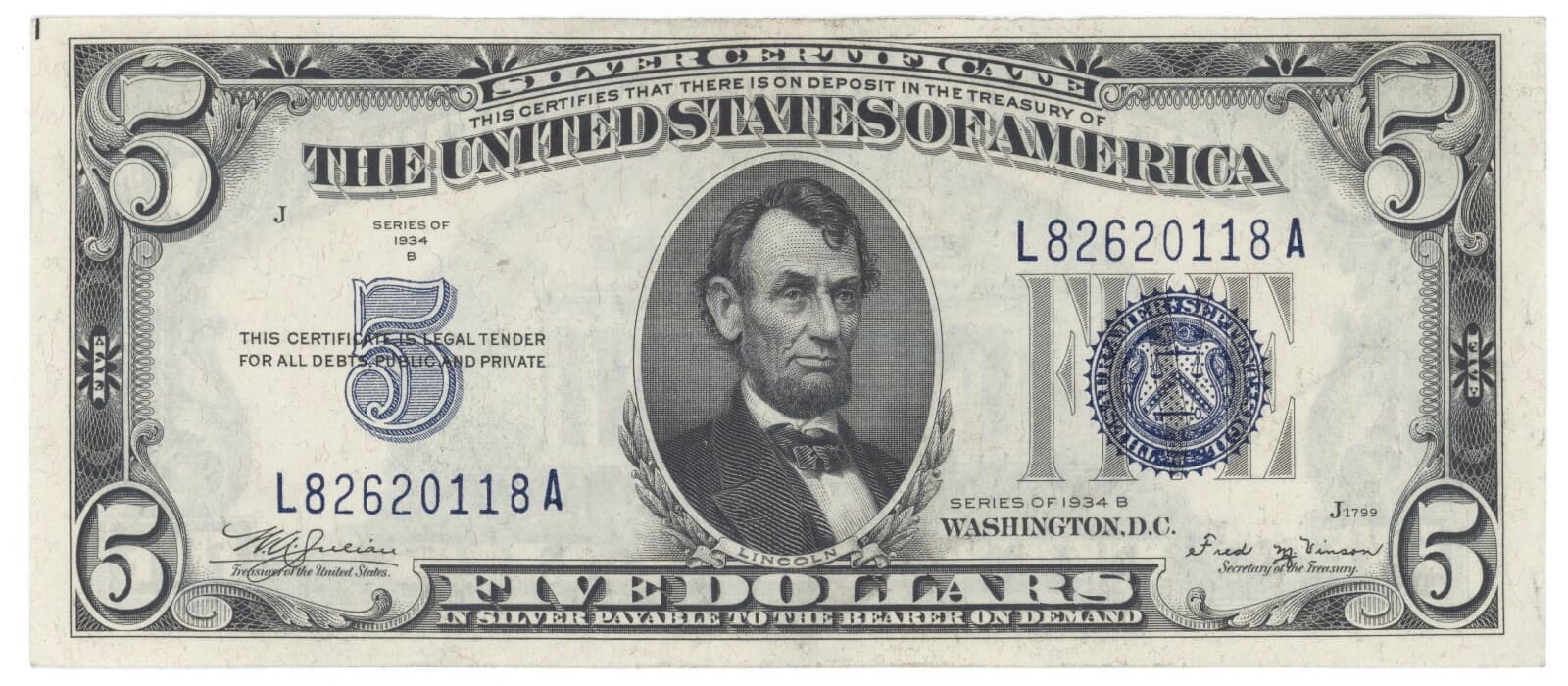 1934B $5.00 Two Consecutive Silver Certificates  Julian - Vinson F-1652 5