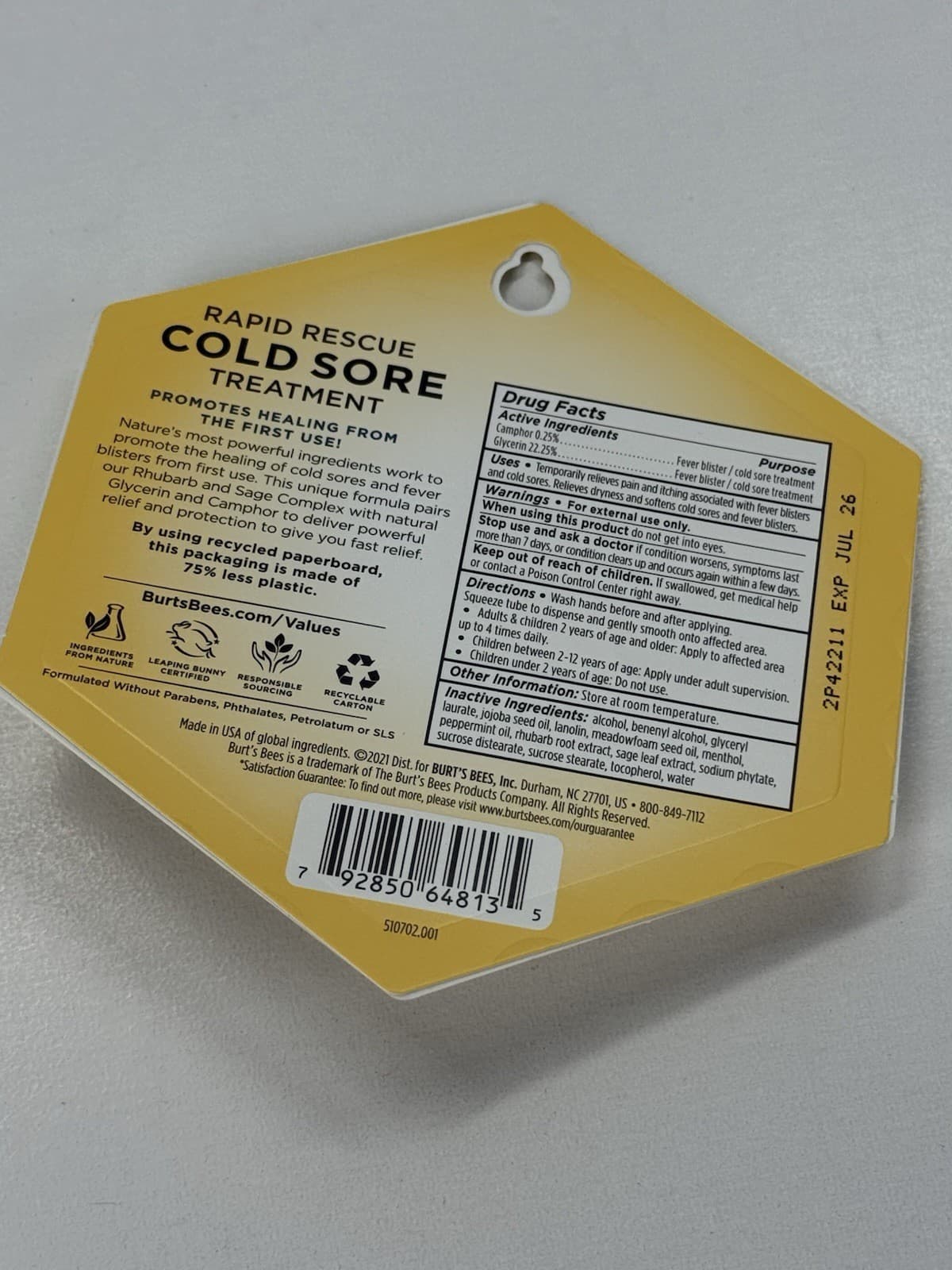 Pack of 2 - Burt's Bees Rapid Rescue Cold Sore Treatment .07 oz - NEW 3