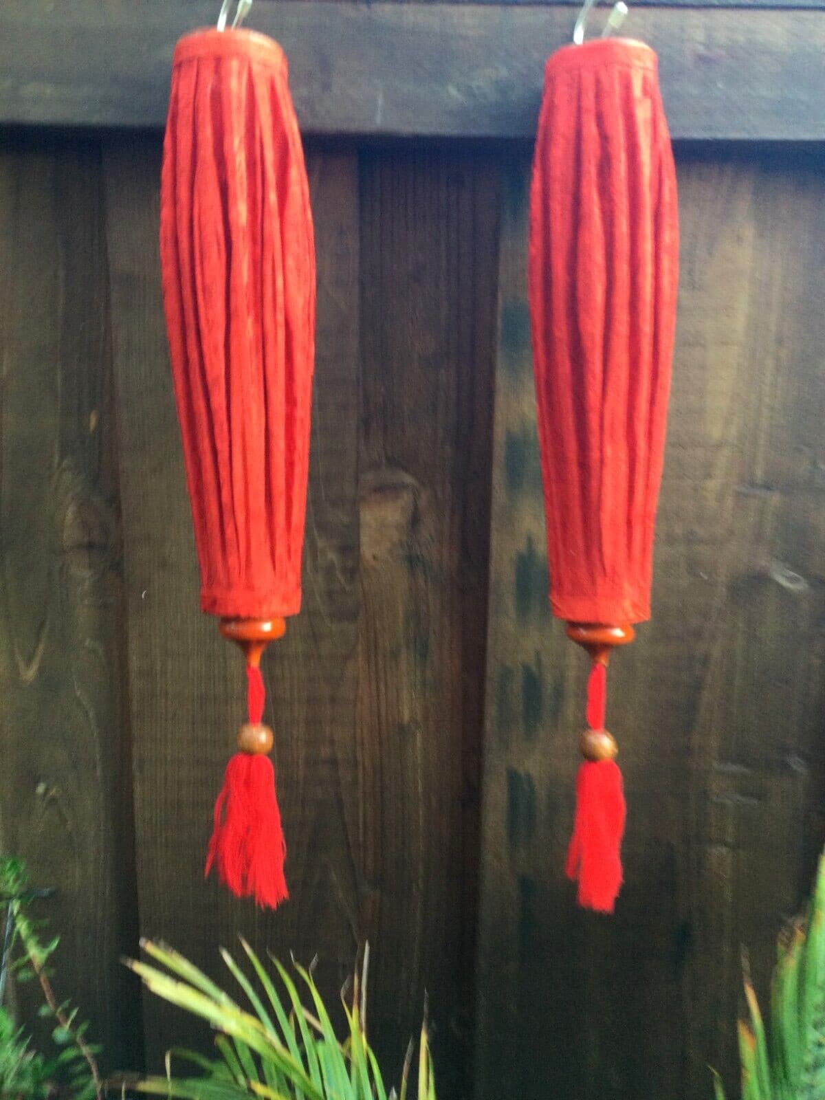Vintage Pair Chinese Red Fabric Hanging Lanterns • 22” Long • New Unused 6