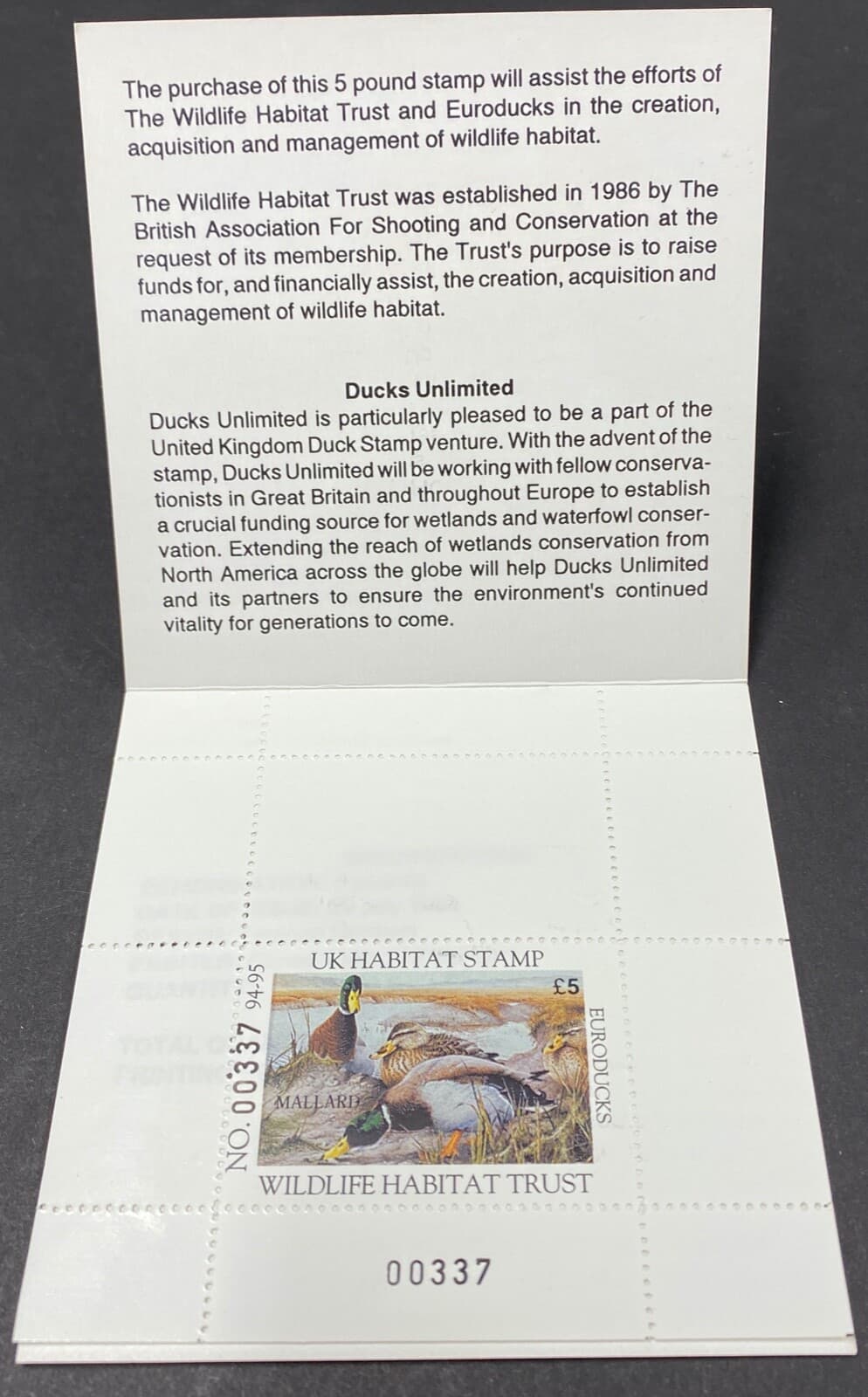 1994 United Kingdom £5 Duck Stamp Wildlife Habitat Trust folder Mini sheet singl