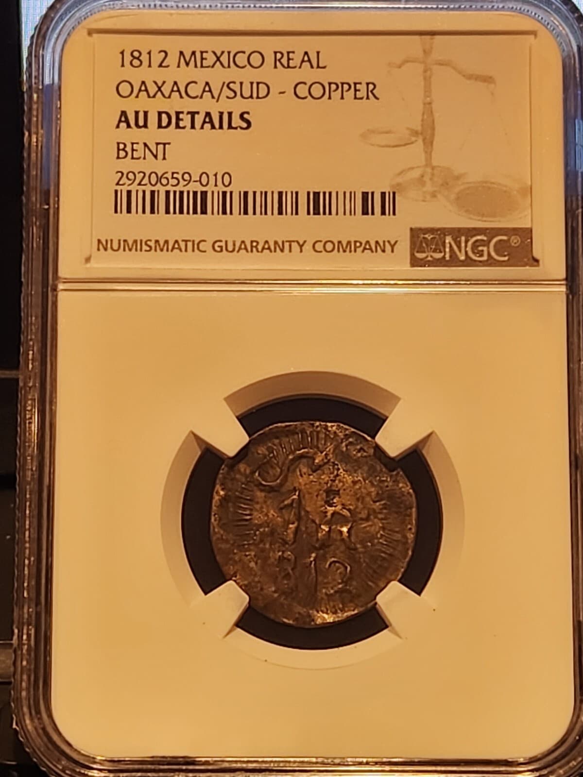 1812 Mexico 1 Real Oaxaca SUD Morelos Copper NGC AU Details Bent Rare Pop 1/0