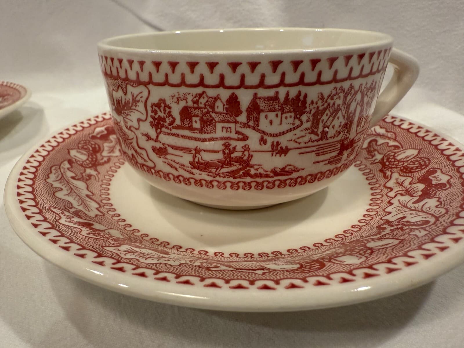 Royal Ironstone Memory Lane Cups & Saucers Red ~ Set of 3 2