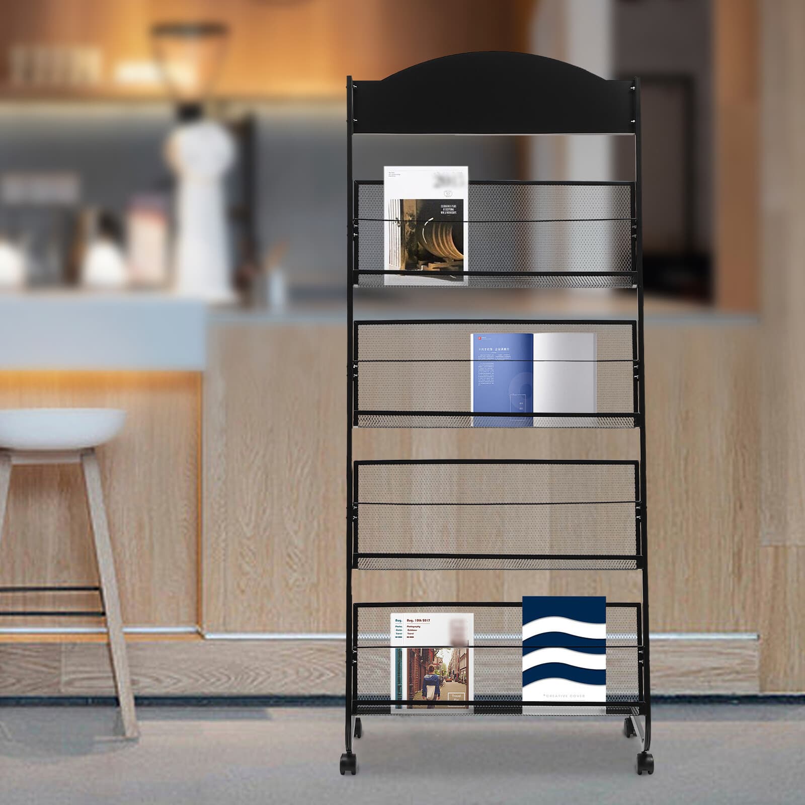 4-Tier Metal Wheeled Magazine Book Rack Newspaper Brochure Storage Display Stand 2