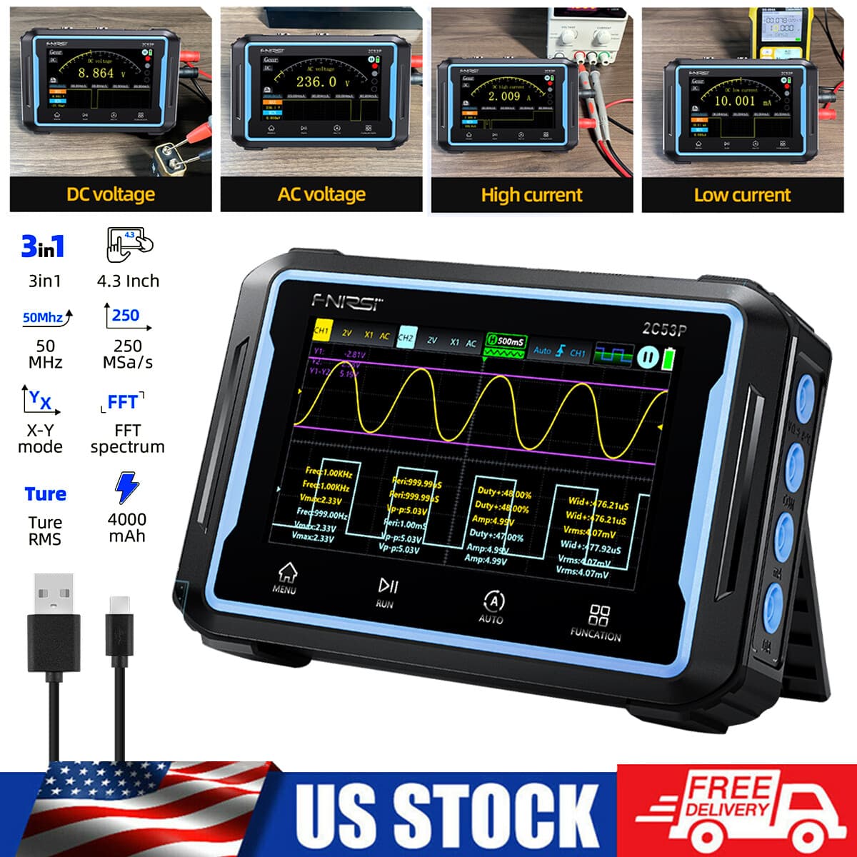 3-in-1 Automotive Oscilloscope DDS Signal Generator Multimeter 50MHz 250MS/s