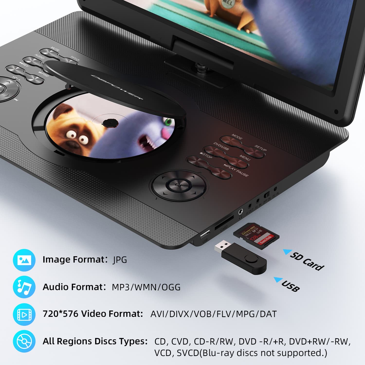 16.9" Portable DVD Player w/14.1" HD Swivel Screen, 6-Hour Rechargeable Battery 2