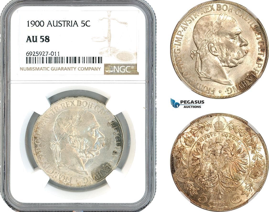 AK349, Austria, Franz Joseph, 5 Corona 1900, Vienna Mint, Silver, NGC AU58