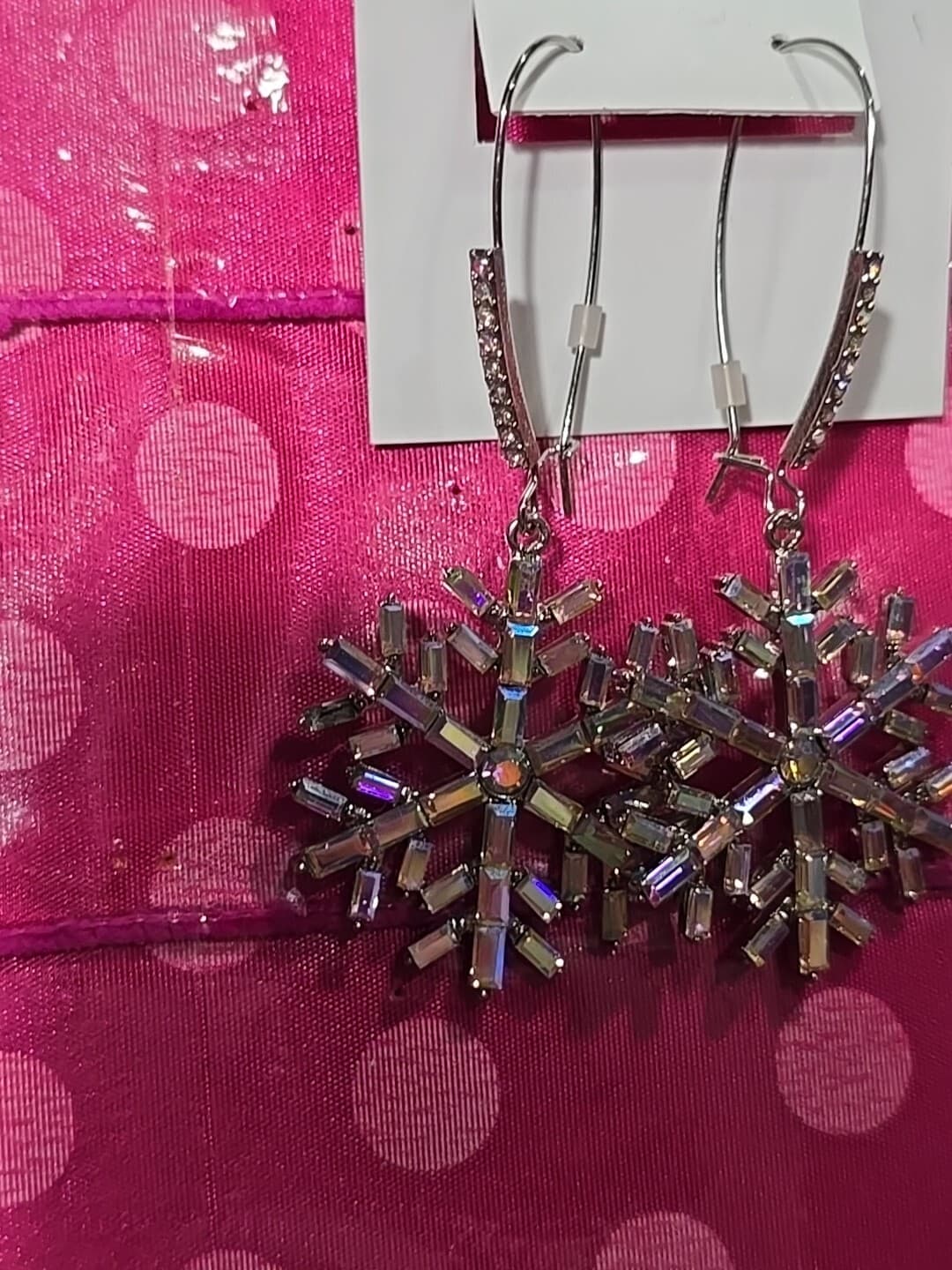 Betsey Johnson SilverTone Snowflake Drop Earrings Iridescent Crystal Accents NWT 4