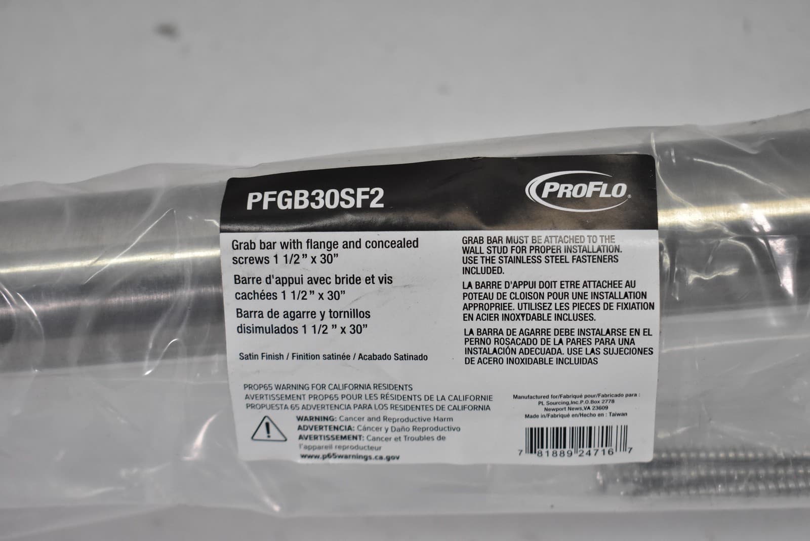 PROFLO Grab Bar with Flange 30in x 1.5in Satin PFGB30SF2 Concealed Screws 2