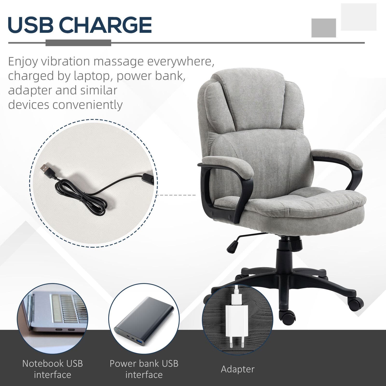 Massage Office Chair with Dual Vibration Points USB Power Light Gray 5