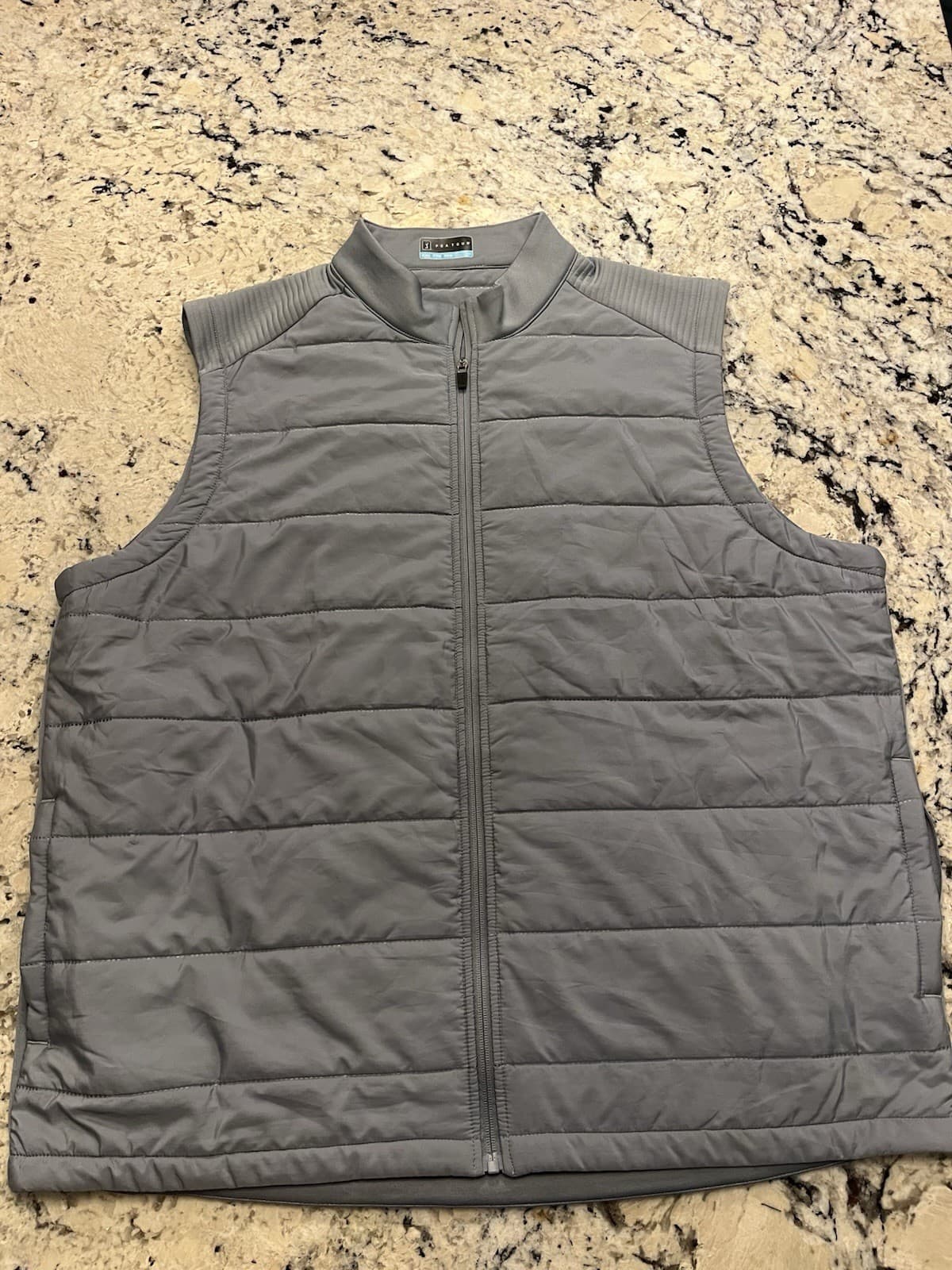 PGA Mens Tour Gray Full Zip Quilted Golf Vest Sweater 100% Polyester 2XL Jacket