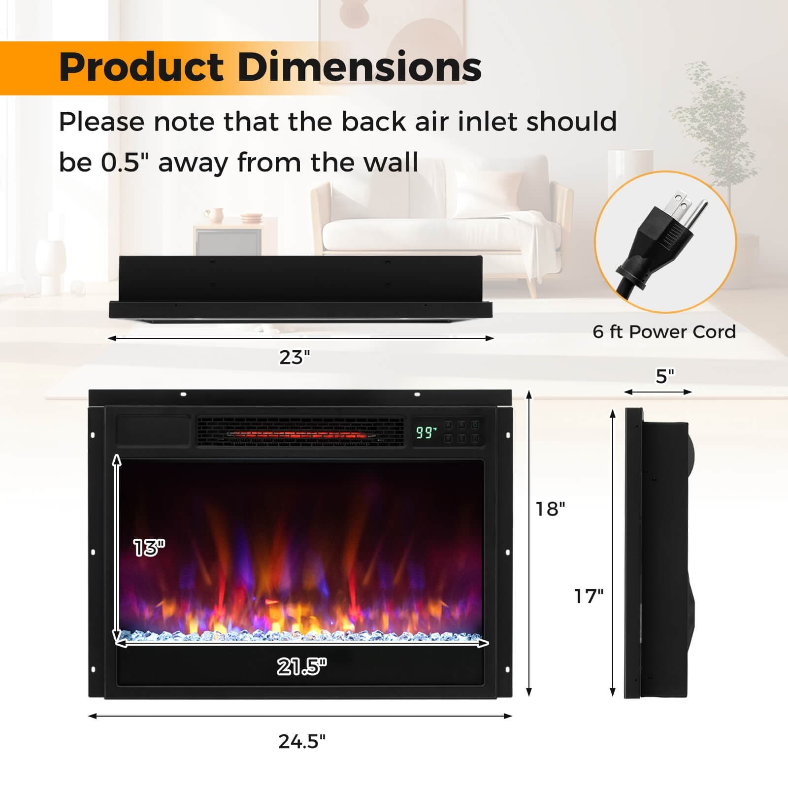 23" Infrared Quartz Electric Fireplace Insert with Remote Control 2