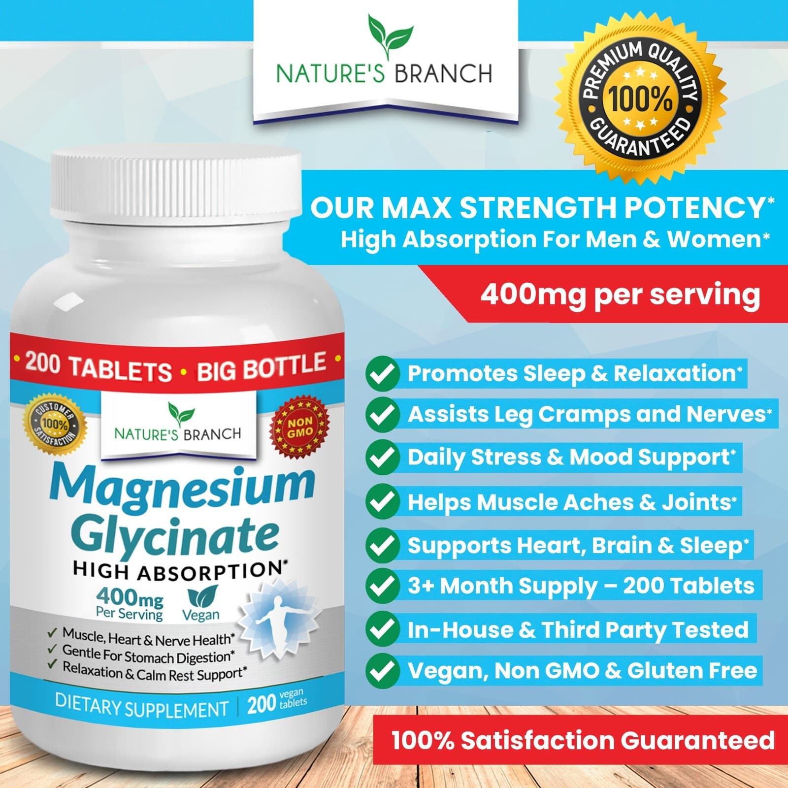 BEST MAGNESIUM GLYCINATE 400 MG – 200 TABLETS – HIGH ABSORPTION PURE MADE IN USA 3