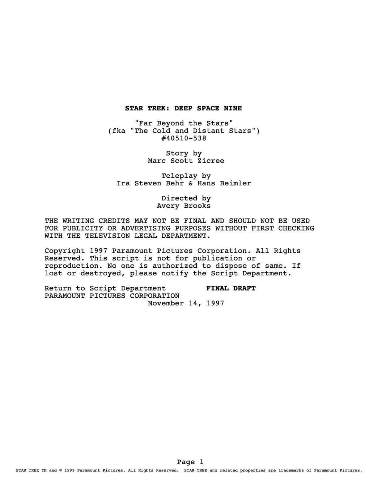 Favorite Star Trek Deep Space 9 Script "Far Beyond the Stars" 1950s - Reprint 3