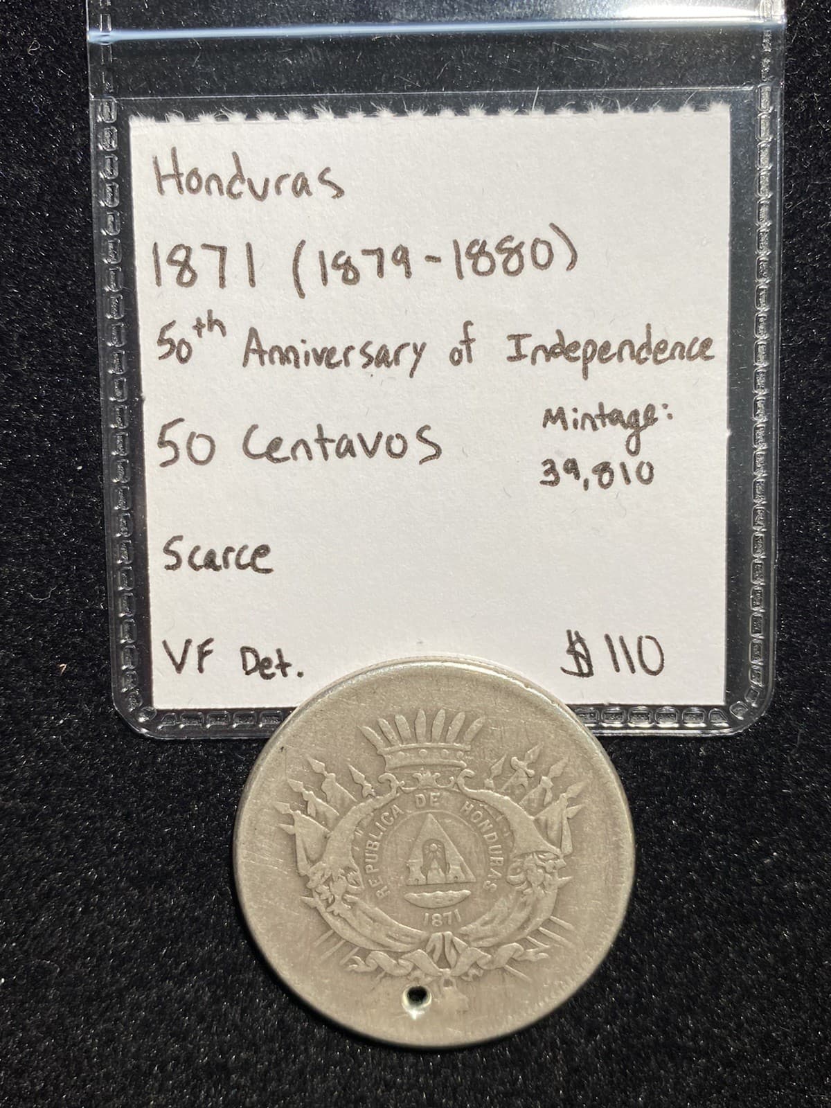 Scarce 1871 (1880) Honduras SILVER 50 Centavos (50th Anniversary Commemorative)