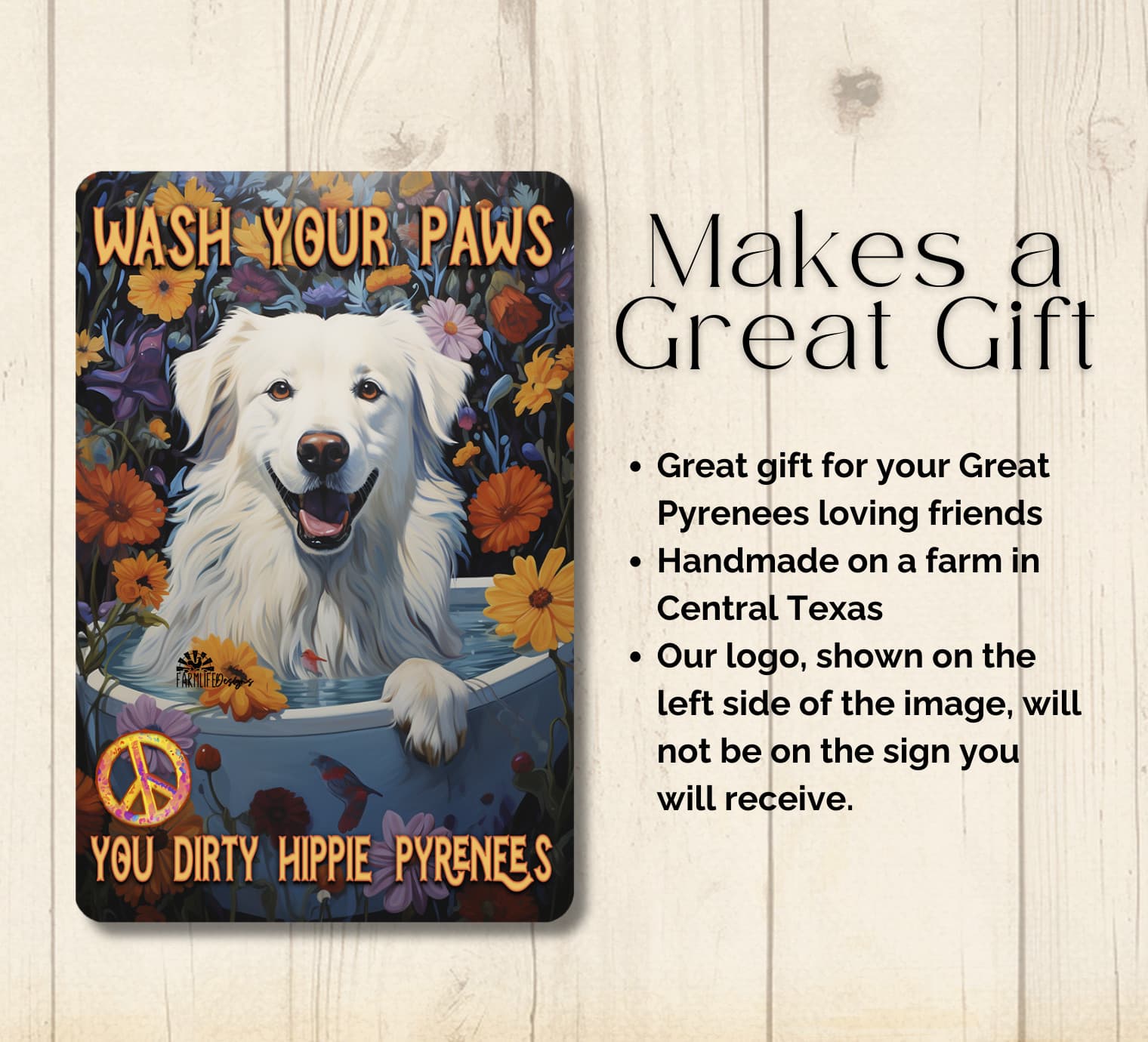 Great Pyrenees Bath Sign Wash Your Paws retro bathroom metal tin dog tub hippie 5