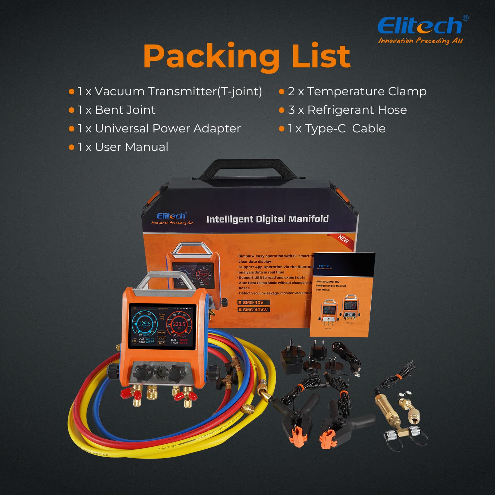 Elitech EMG-40V Digital Manifold Kit 4 Valves Pressure HVAC Gauge Vacuum w/ Hose 2
