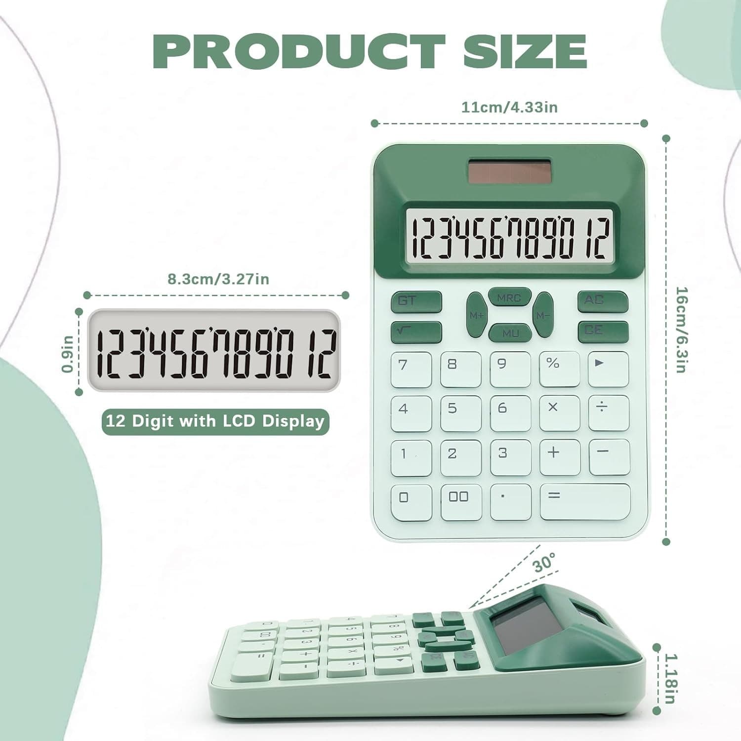 Green Basic Calculator with 12 Digit LCD Display - Cute for Office,  2
