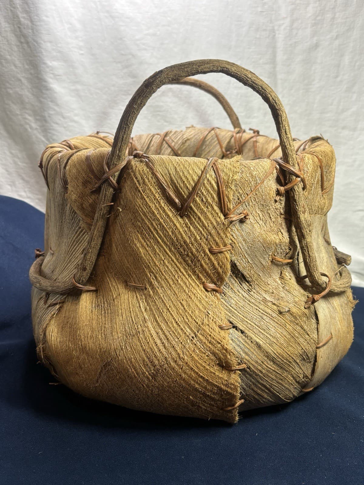 African Coconut Husk Curved Vine Handles Large Primitive Basket. Estate Item EUC 2