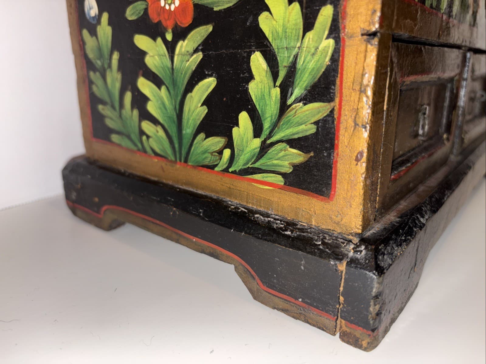 Antique Chinese 2 Drawer Chest Jewelry Box Tole Hand Painted Folk Art Decorated 4