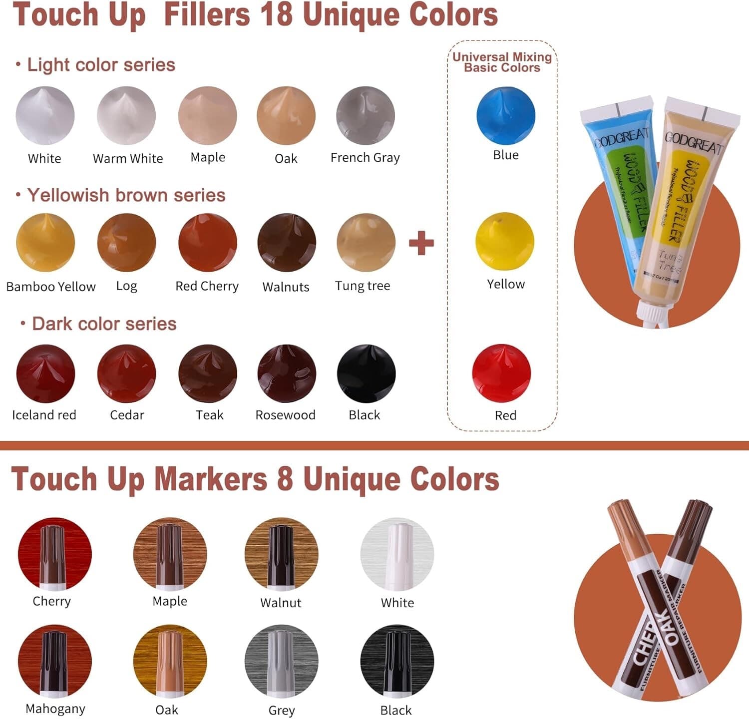 Wood Repair Kit - 37 Sets, Wood Fillers Furniture Repair Kit with 18 Colors Oak 6