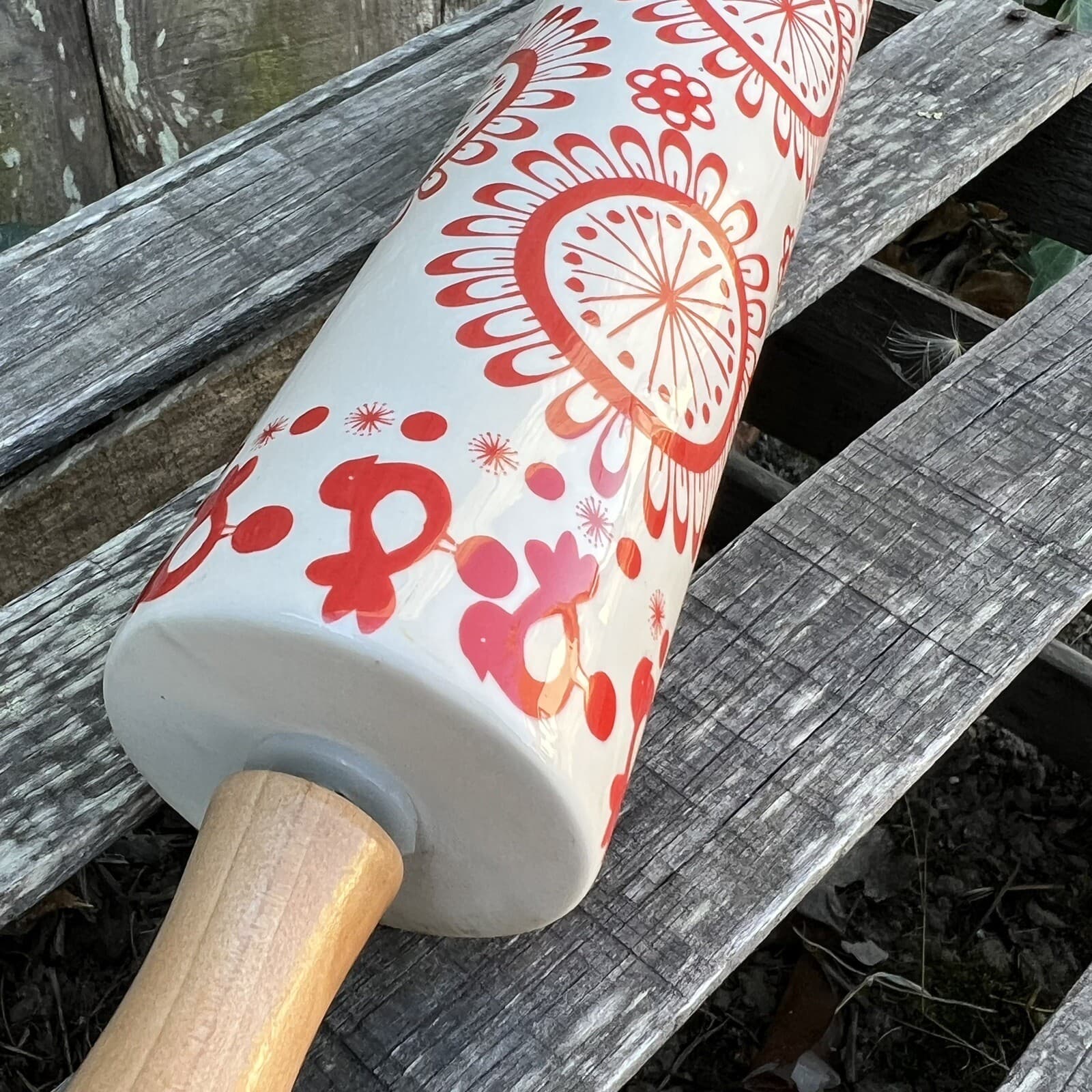 Anthropologie Rolling Pin Ceramic Folk Art Mandela  Chicken Pattern  2