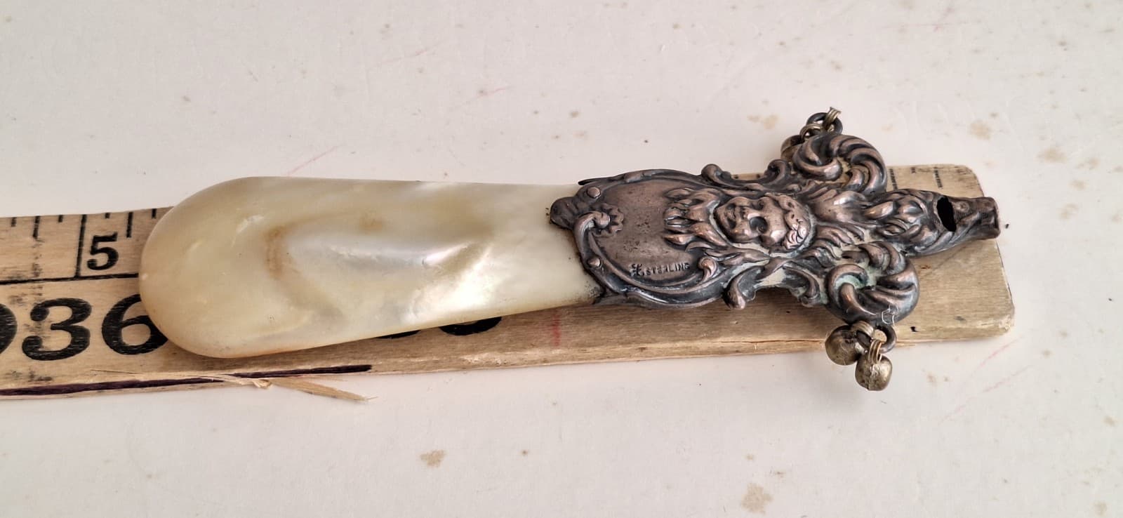 Antique Fancy Baby Rattle w/t Nanny Whistle & Mother of Pearl  Teething Ring 2