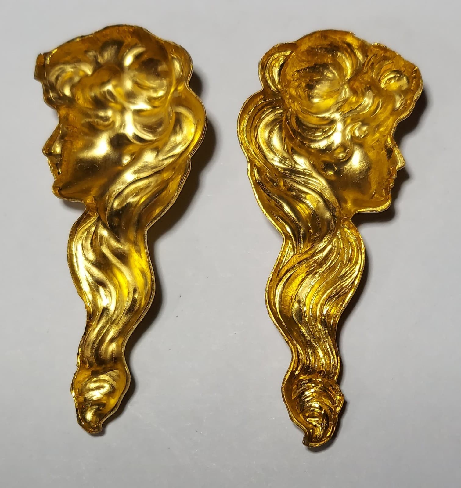 2 Vintage Nouveau Style Stamped Brass Lady Crafting Figures Hollow Back 1.75" 2